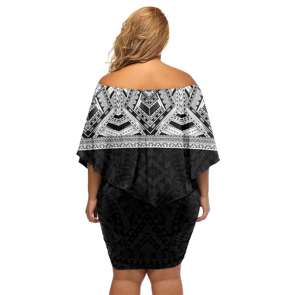 Samoan Traditional Art Tattoos Family Matching Off Shoulder Short Dress and Hawaiian Shirt Tatau Tribal Motifs with Ula Fala Black - Polynesian Pride