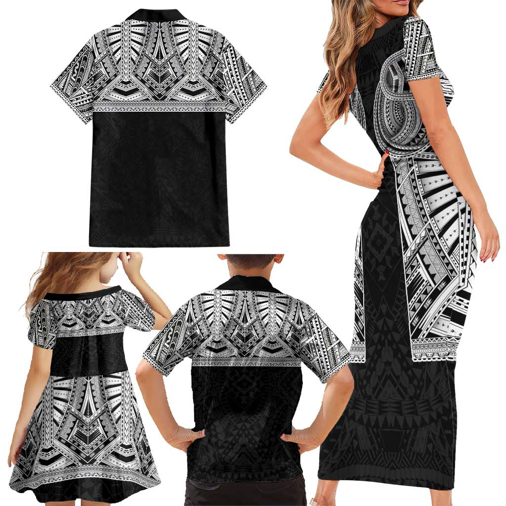 Samoan Traditional Art Tattoos Family Matching Short Sleeve Bodycon Dress and Hawaiian Shirt Tatau Tribal Motifs with Ula Fala Black - Polynesian Pride