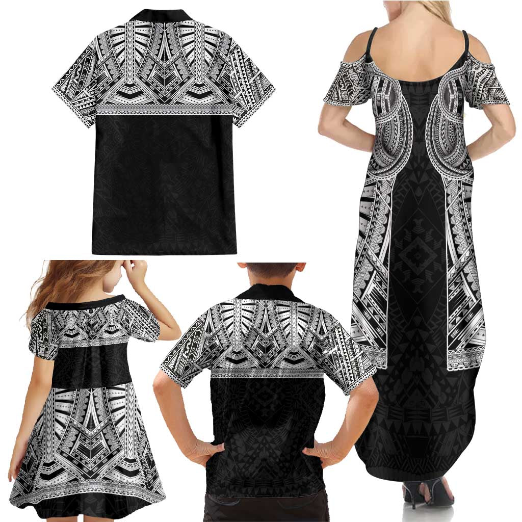 Samoan Traditional Art Tattoos Family Matching Summer Maxi Dress and Hawaiian Shirt Tatau Tribal Motifs with Ula Fala Black - Polynesian Pride