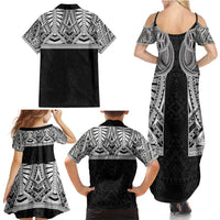 Samoan Traditional Art Tattoos Family Matching Summer Maxi Dress and Hawaiian Shirt Tatau Tribal Motifs with Ula Fala Black - Polynesian Pride