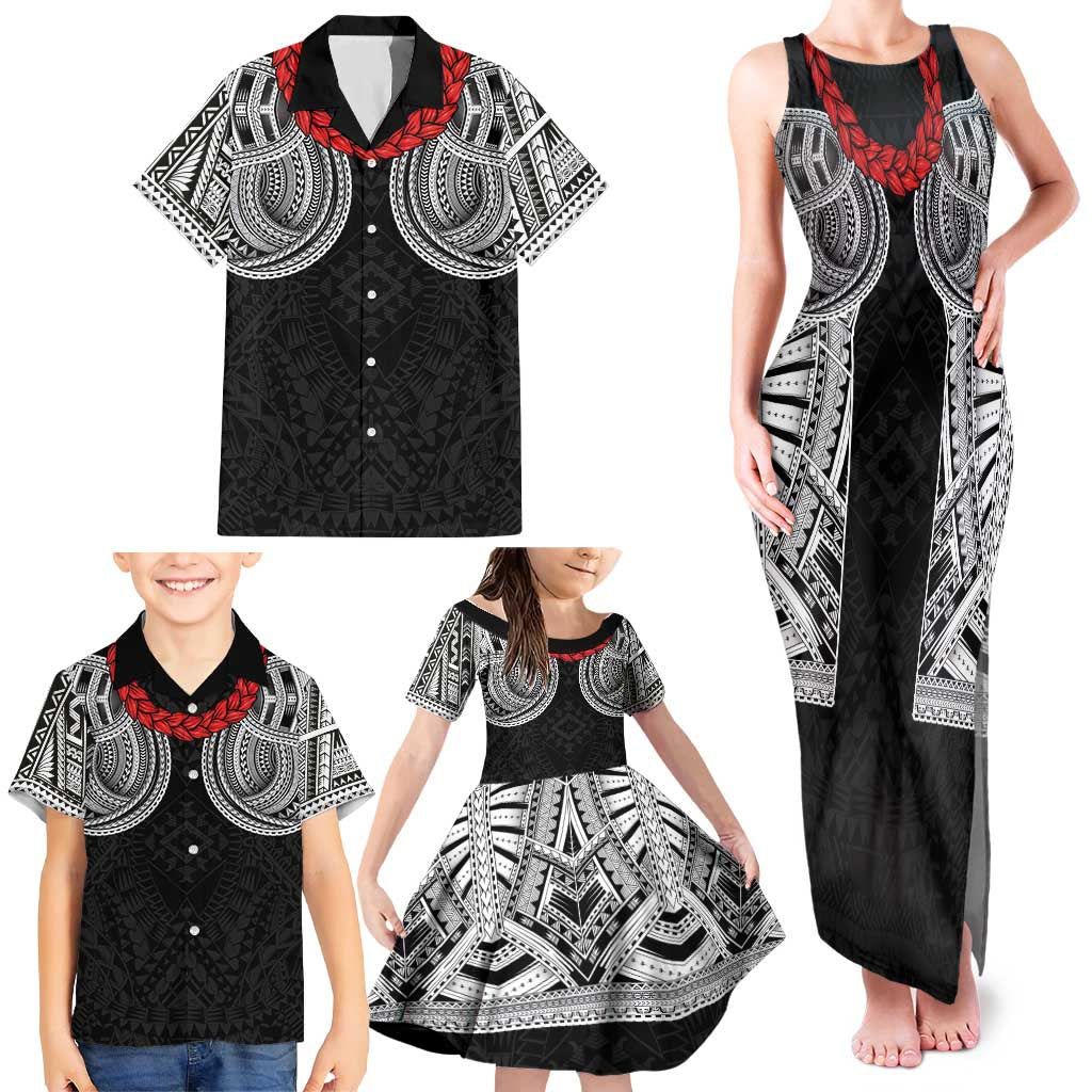 Samoan Traditional Art Tattoos Family Matching Tank Maxi Dress and Hawaiian Shirt Tatau Tribal Motifs with Ula Fala Black - Polynesian Pride