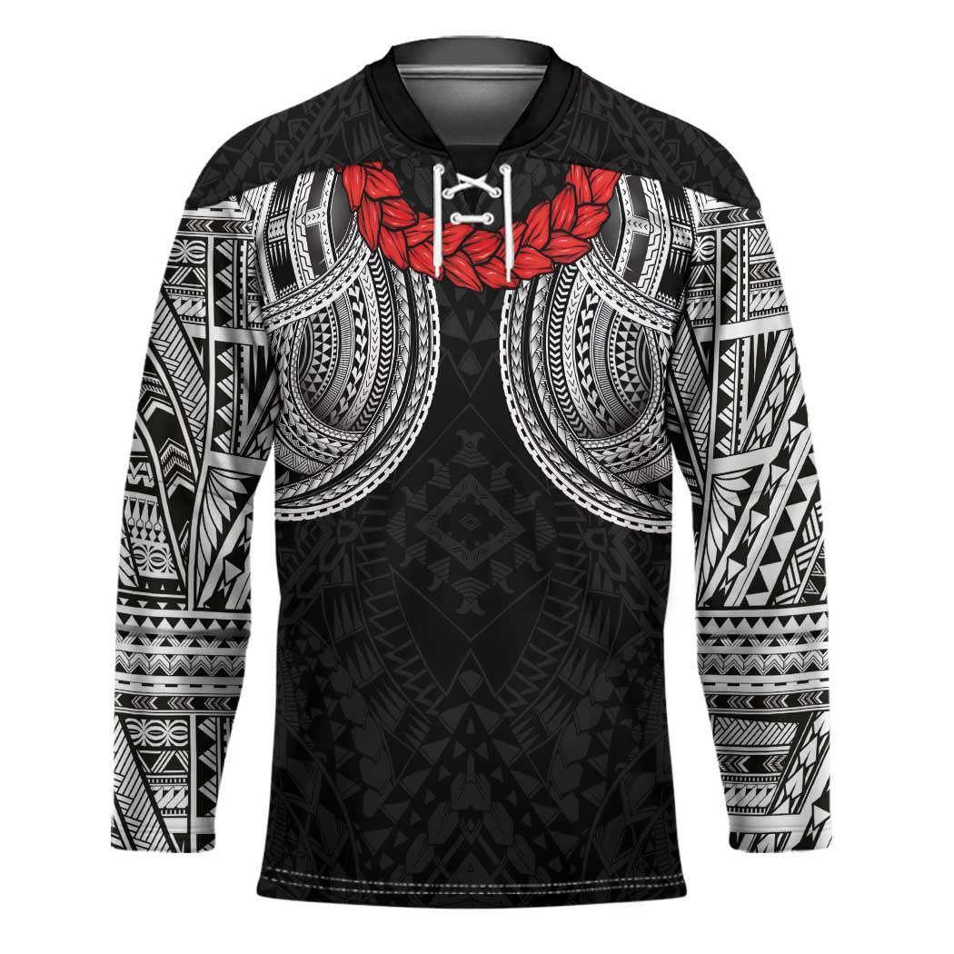 Samoan Traditional Art Tattoos Hockey Jersey Tatau Tribal Motifs with Ula Fala Black - Polynesian Pride