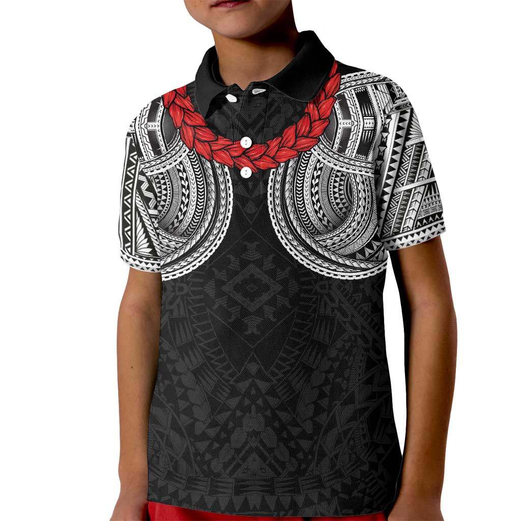 Samoan Traditional Art Tattoos Kid Polo Shirt Tatau Tribal Motifs with Ula Fala Black - Polynesian Pride