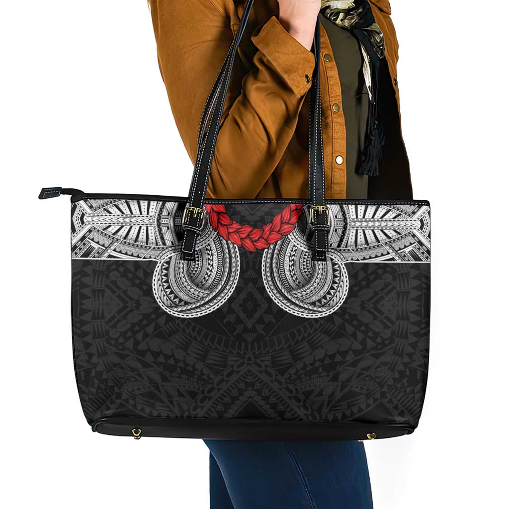 Samoan Traditional Art Tattoos Leather Tote Bag Tatau Tribal Motifs with Ula Fala Black - Polynesian Pride
