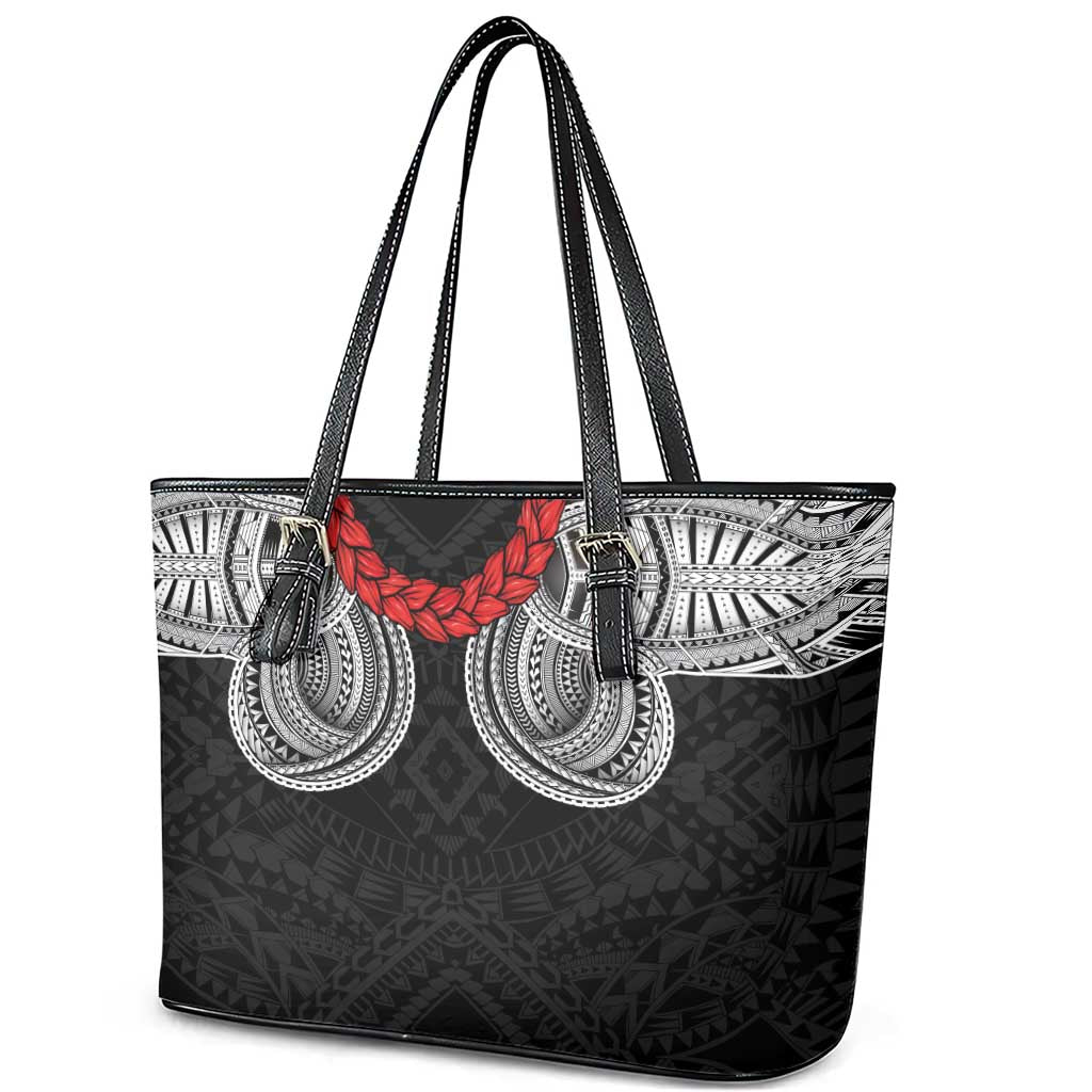 Samoan Traditional Art Tattoos Leather Tote Bag Tatau Tribal Motifs with Ula Fala Black - Polynesian Pride