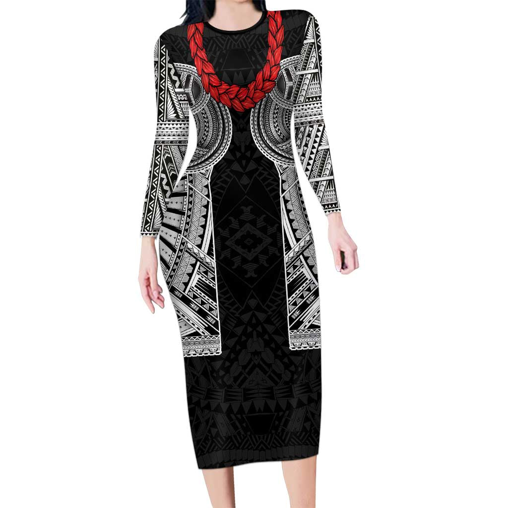 Samoan Traditional Art Tattoos Long Sleeve Bodycon Dress Tatau Tribal Motifs with Ula Fala Black - Polynesian Pride