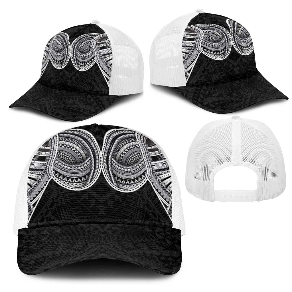 Samoan Traditional Art Tattoos Mesh Trucker Cap Tatau Tribal Motifs with Ula Fala Black - Polynesian Pride