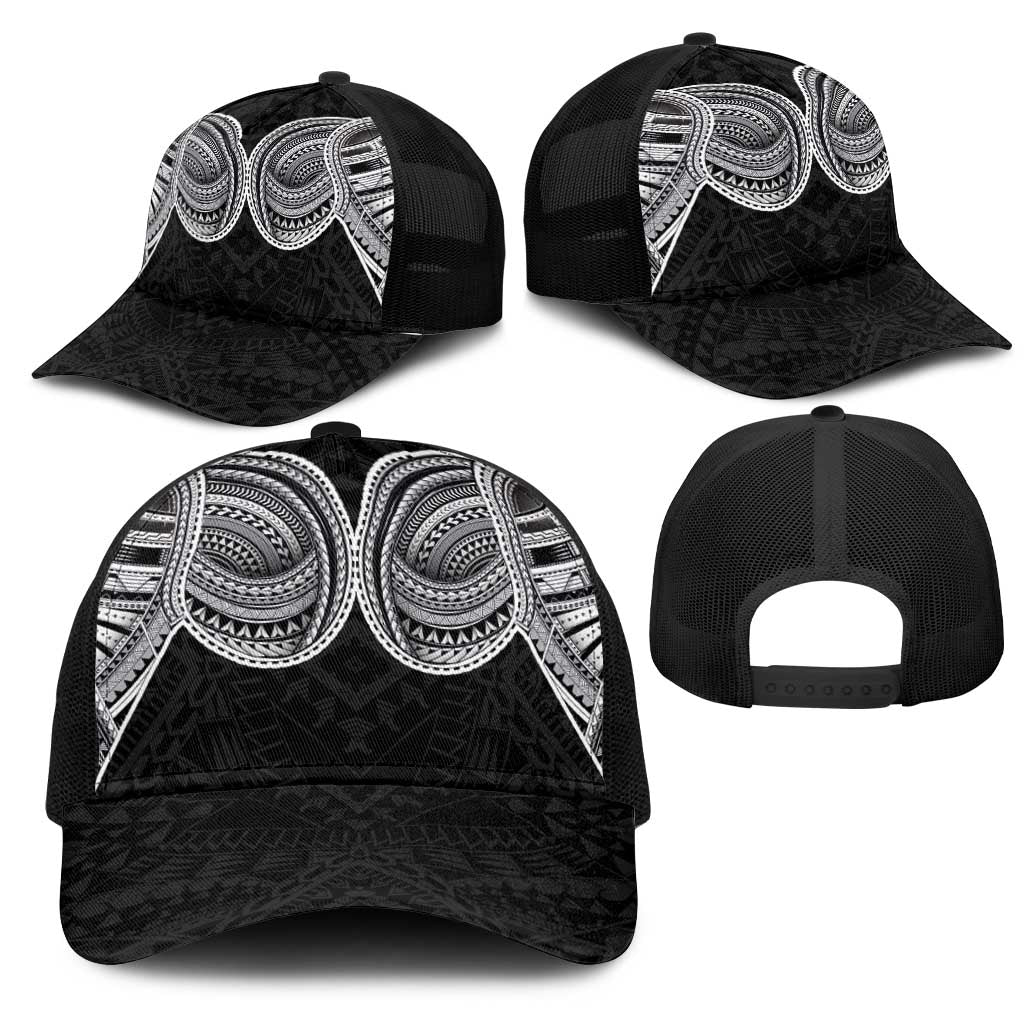 Samoan Traditional Art Tattoos Mesh Trucker Cap Tatau Tribal Motifs with Ula Fala Black - Polynesian Pride