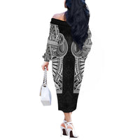 Samoan Traditional Art Tattoos Off The Shoulder Long Sleeve Dress Tatau Tribal Motifs with Ula Fala Black - Polynesian Pride