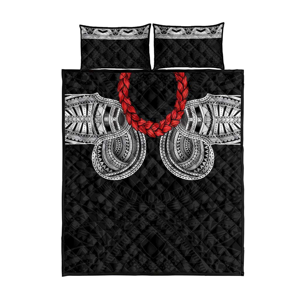 Samoan Traditional Art Tattoos Quilt Bed Set Tatau Tribal Motifs with Ula Fala Black - Polynesian Pride