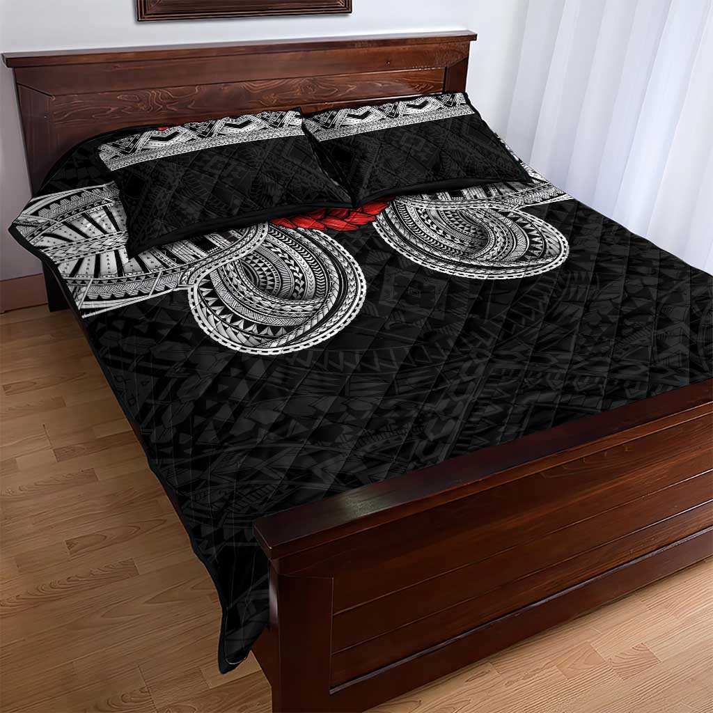 Samoan Traditional Art Tattoos Quilt Bed Set Tatau Tribal Motifs with Ula Fala Black - Polynesian Pride