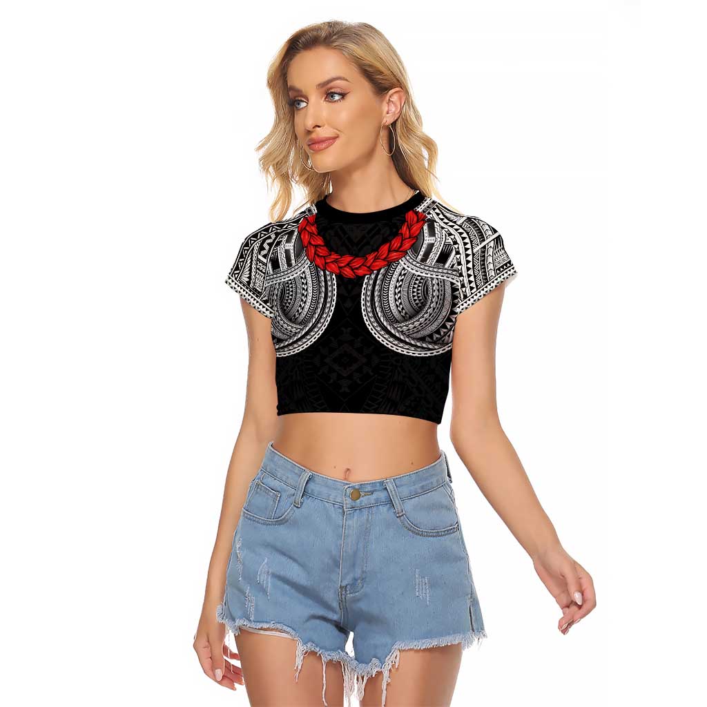 Samoan Traditional Art Tattoos Raglan Cropped T Shirt Tatau Tribal Motifs with Ula Fala Black - Polynesian Pride