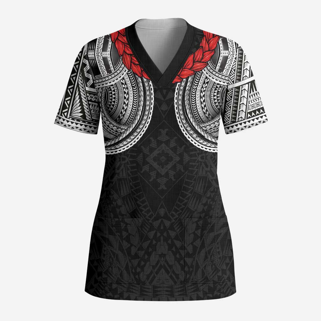 Samoan Traditional Art Tattoos Scrub Top Tatau Tribal Motifs with Ula Fala Black - Polynesian Pride