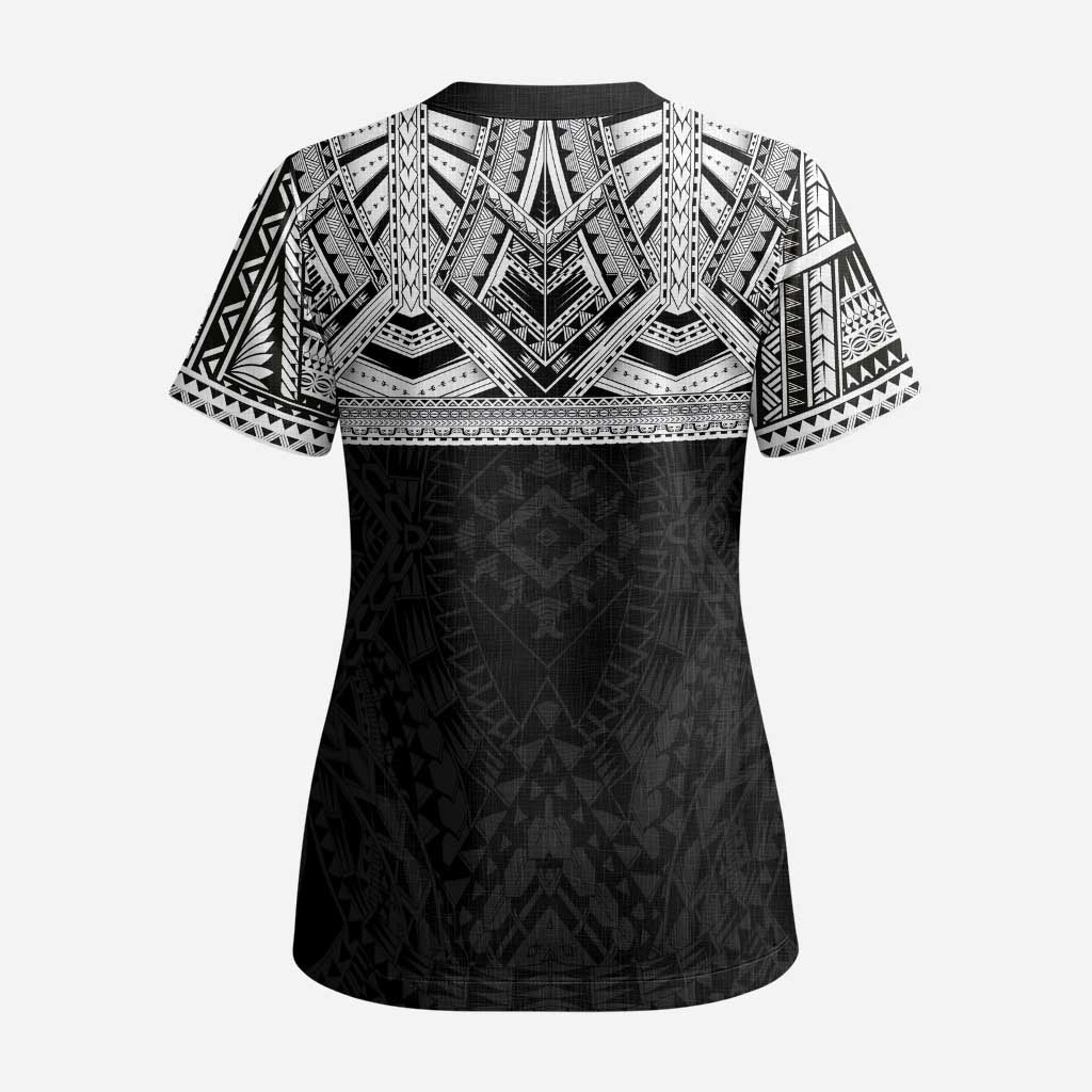 Samoan Traditional Art Tattoos Scrub Top Tatau Tribal Motifs with Ula Fala Black - Polynesian Pride