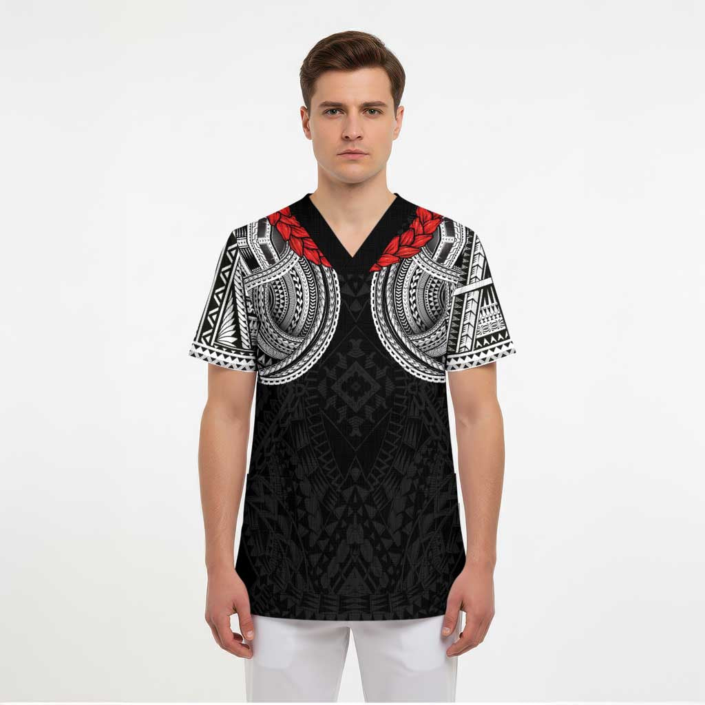 Samoan Traditional Art Tattoos Scrub Top Tatau Tribal Motifs with Ula Fala Black - Polynesian Pride