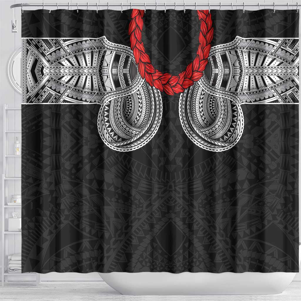 Samoan Traditional Art Tattoos Shower Curtain Tatau Tribal Motifs with Ula Fala Black - Polynesian Pride