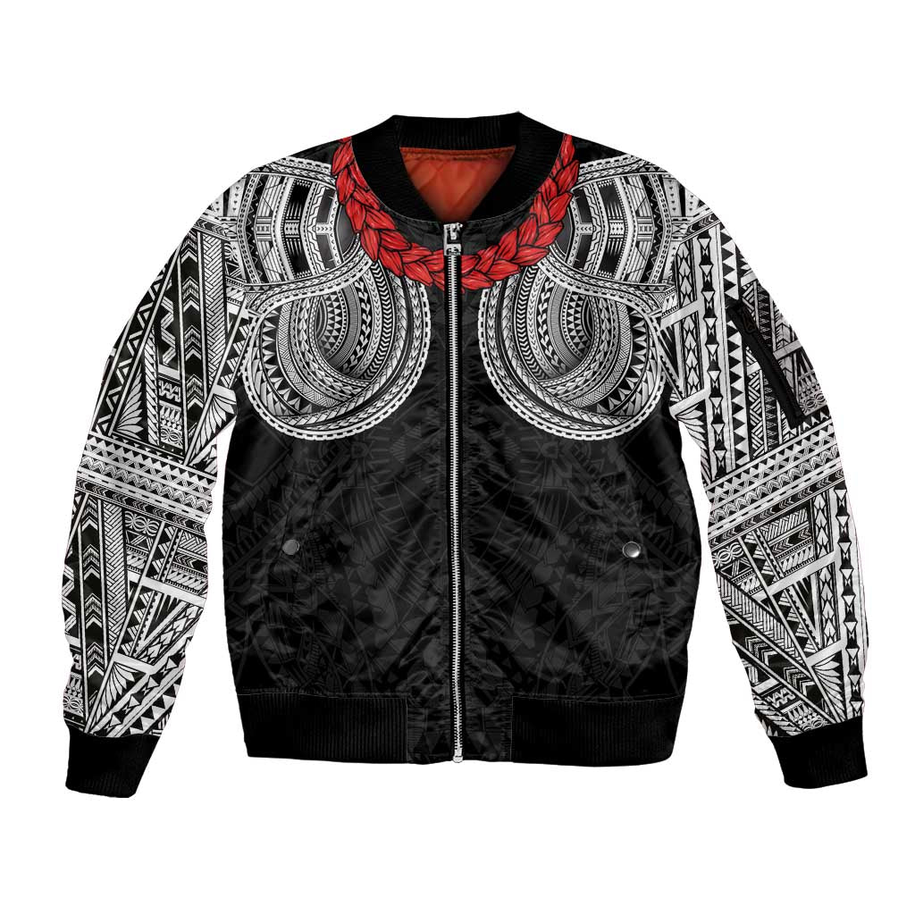 Samoan Traditional Art Tattoos Sleeve Zip Bomber Jacket Tatau Tribal Motifs with Ula Fala Black LT03 Unisex Black - Polynesian Pride