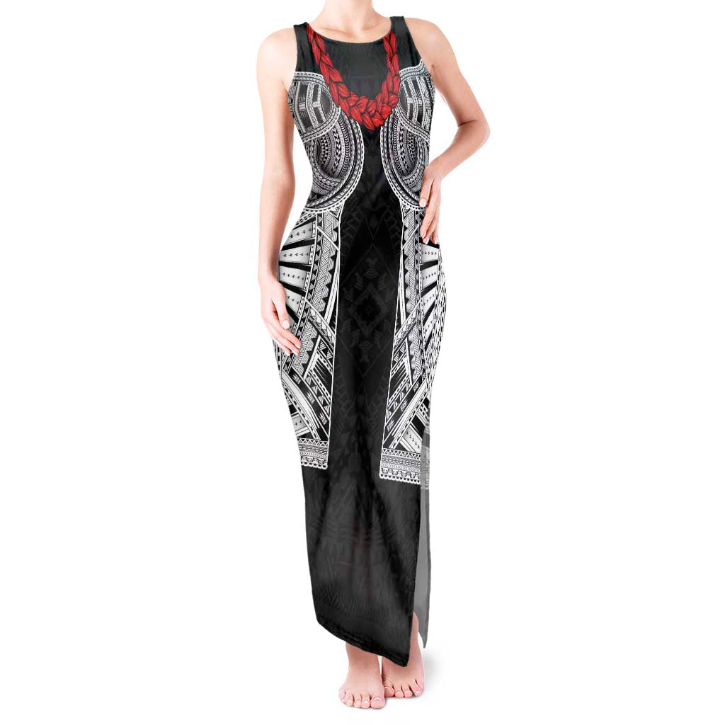 Samoan Traditional Art Tattoos Tank Maxi Dress Tatau Tribal Motifs with Ula Fala Black - Polynesian Pride