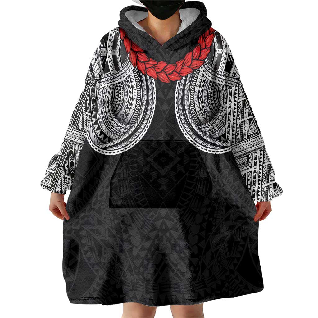 Samoan Traditional Art Tattoos Wearable Blanket Hoodie Tatau Tribal Motifs with Ula Fala Black - Polynesian Pride