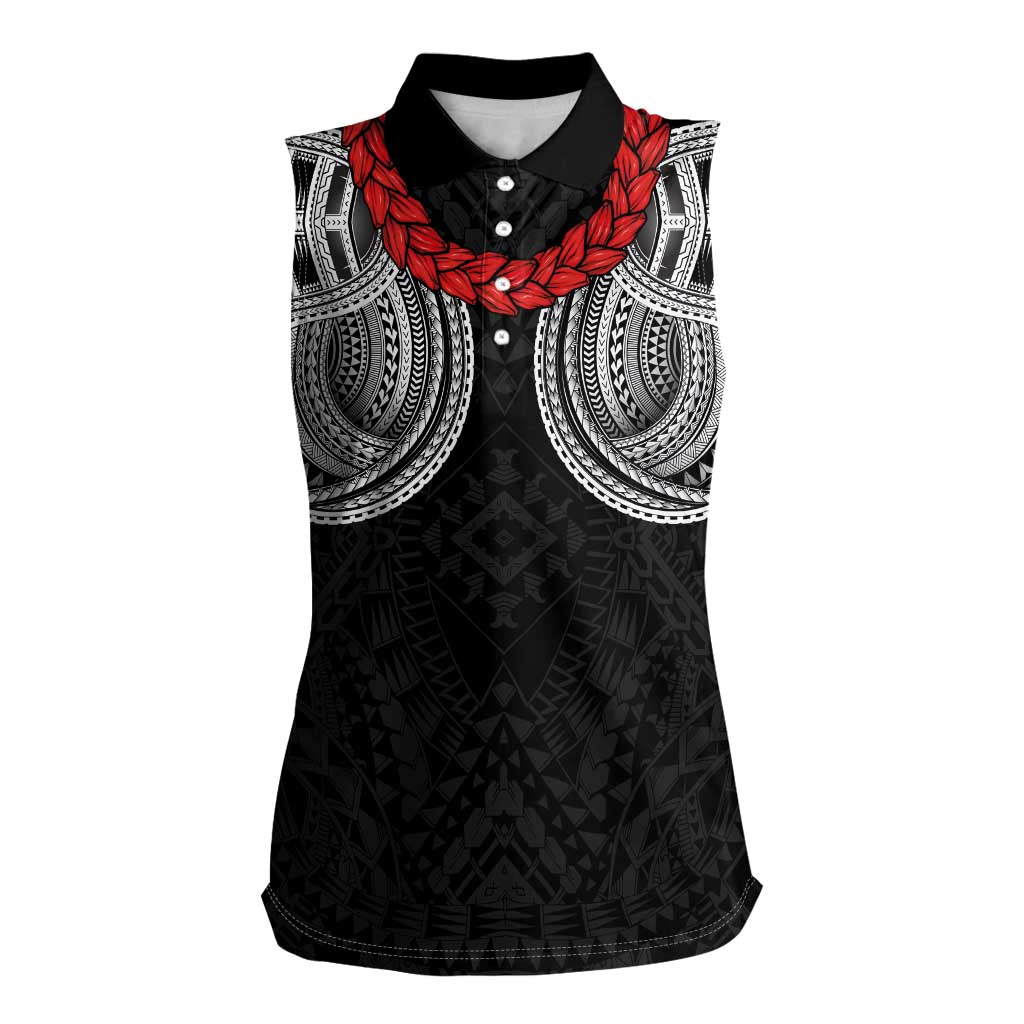 Samoan Traditional Art Tattoos Women Sleeveless Polo Shirt Tatau Tribal Motifs with Ula Fala Black - Polynesian Pride