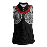 Samoan Traditional Art Tattoos Women Sleeveless Polo Shirt Tatau Tribal Motifs with Ula Fala Black - Polynesian Pride
