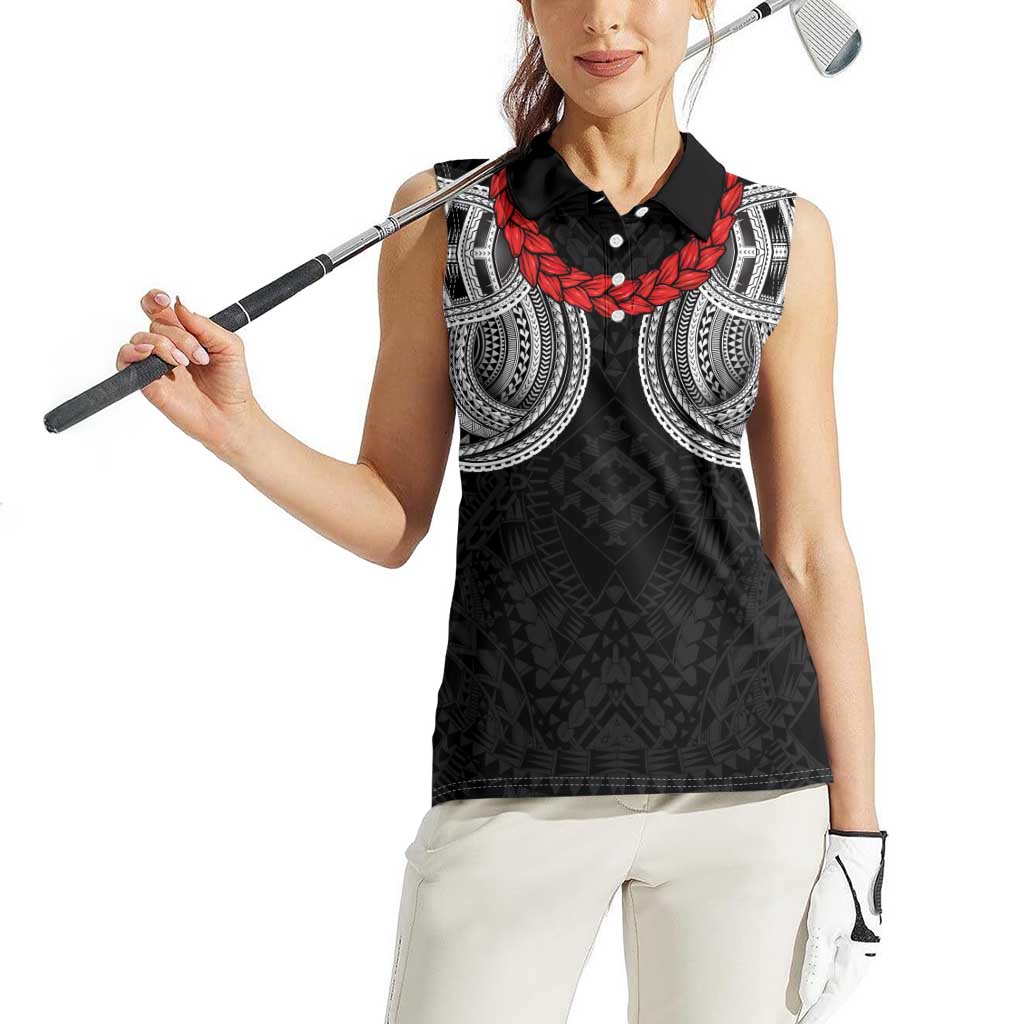 Samoan Traditional Art Tattoos Women Sleeveless Polo Shirt Tatau Tribal Motifs with Ula Fala Black - Polynesian Pride