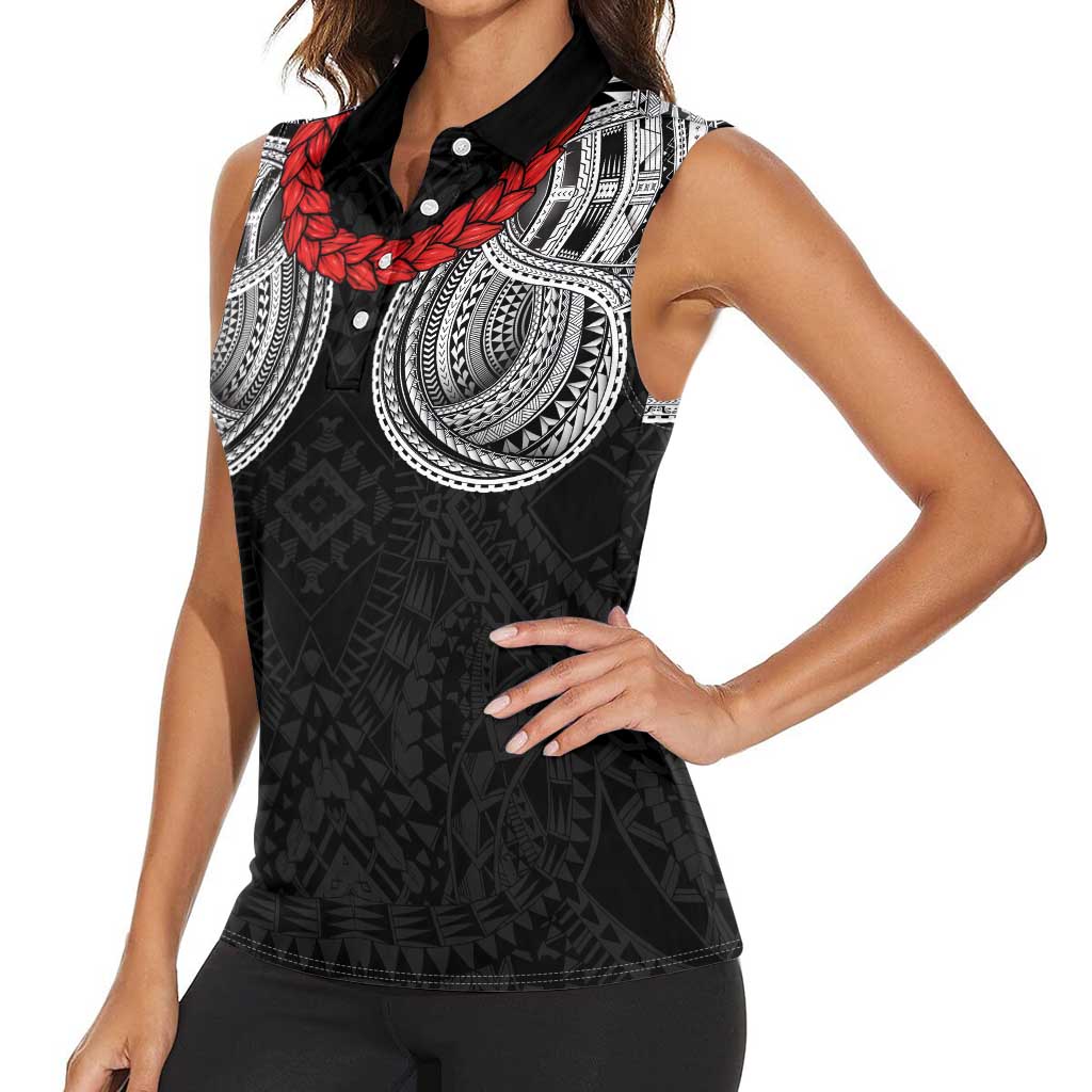 Samoan Traditional Art Tattoos Women Sleeveless Polo Shirt Tatau Tribal Motifs with Ula Fala Black - Polynesian Pride