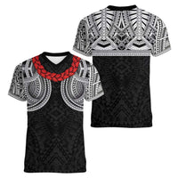Samoan Traditional Art Tattoos Women V-Neck T-Shirt Tatau Tribal Motifs with Ula Fala Black - Polynesian Pride