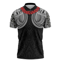 Samoan Traditional Art Tattoos Zipper Polo Shirt Tatau Tribal Motifs with Ula Fala Black - Polynesian Pride
