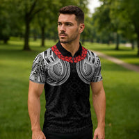 Samoan Traditional Art Tattoos Zipper Polo Shirt Tatau Tribal Motifs with Ula Fala Black - Polynesian Pride