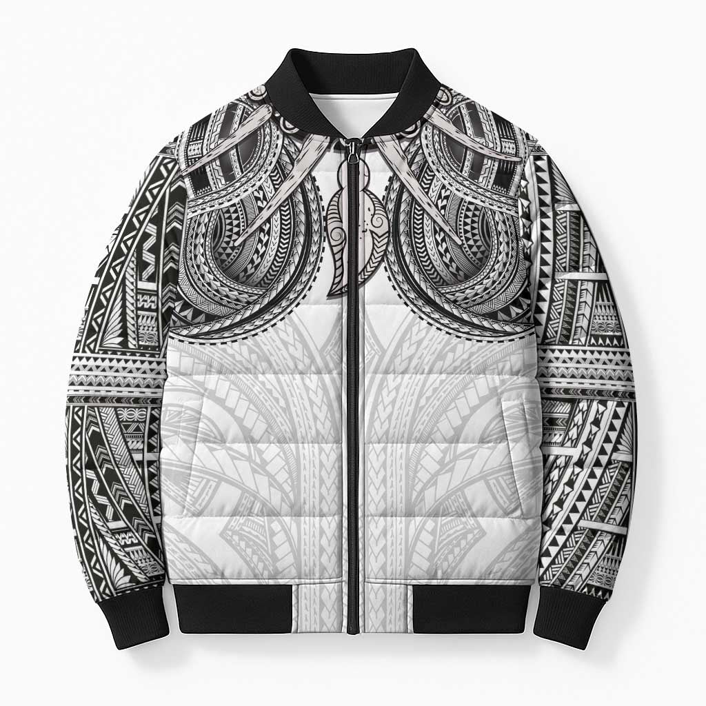 Samoan Traditional Art Tattoos Bomber Puffer Jacket Tatau Tribal Motifs with Ula Nifo White LT03 Unisex White - Polynesian Pride