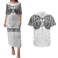 Samoan Traditional Art Tattoos Couples Matching Puletasi and Hawaiian Shirt Tatau Tribal Motifs with Ula Nifo White - Polynesian Pride