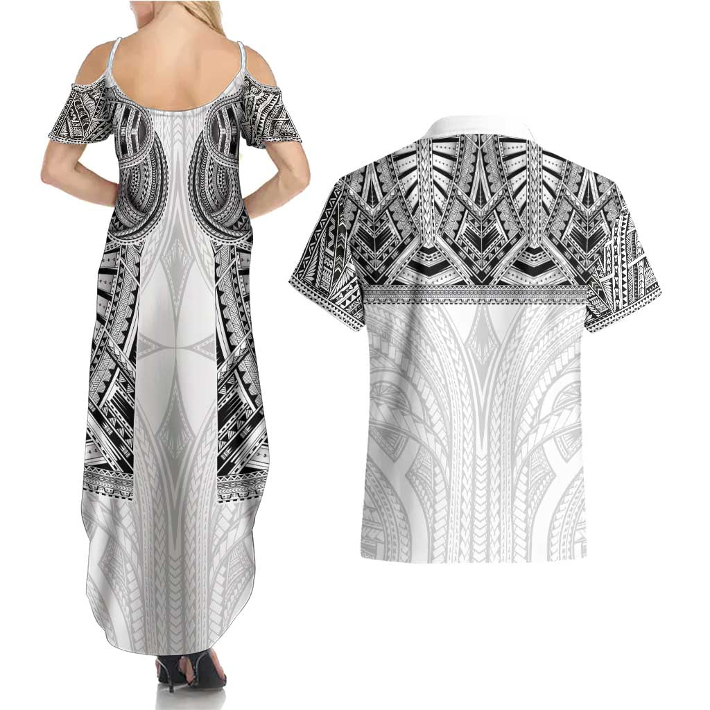 Samoan Traditional Art Tattoos Couples Matching Summer Maxi Dress and Hawaiian Shirt Tatau Tribal Motifs with Ula Nifo White - Polynesian Pride