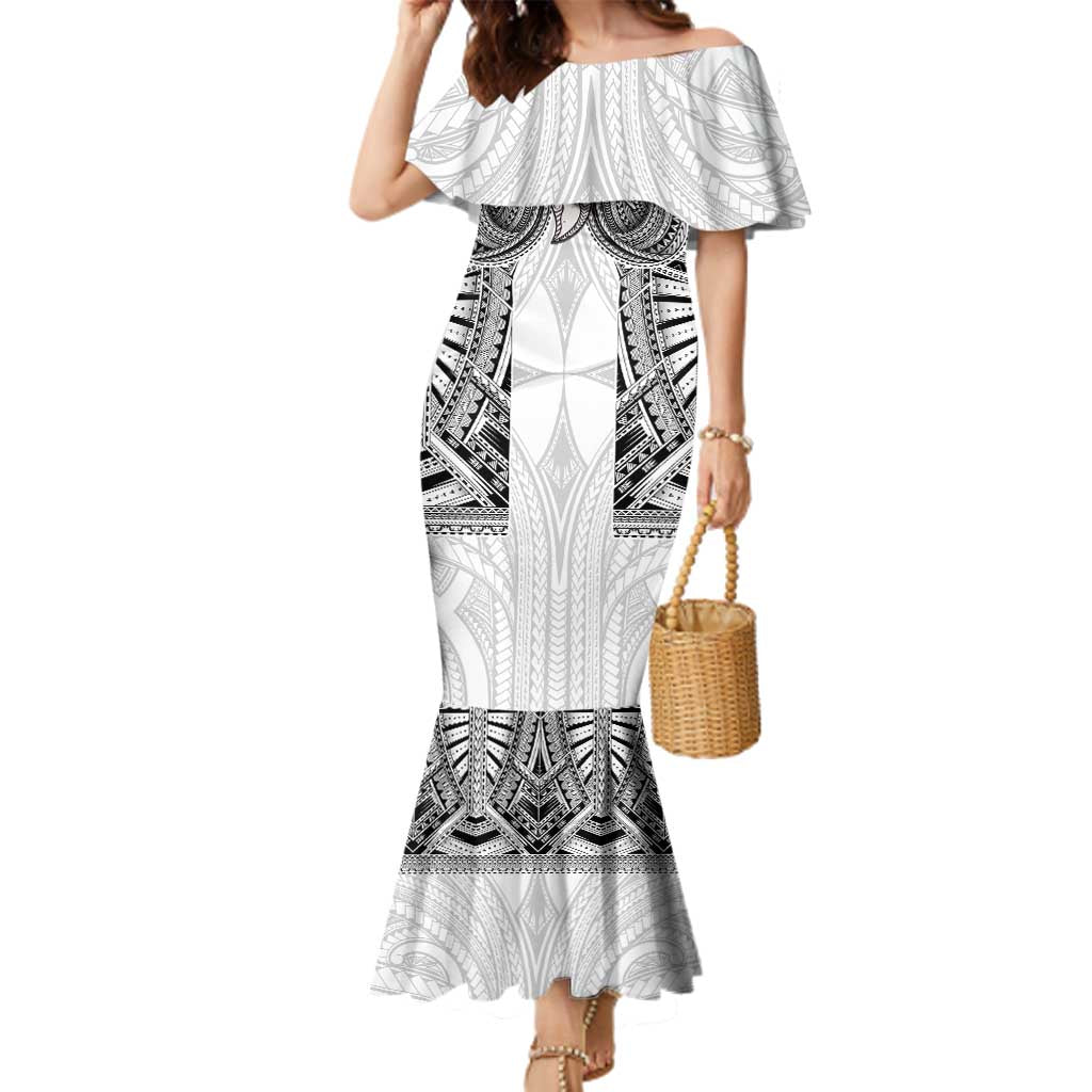 Samoan Traditional Art Tattoos Family Matching Mermaid Dress and Hawaiian Shirt Tatau Tribal Motifs with Ula Nifo White - Polynesian Pride