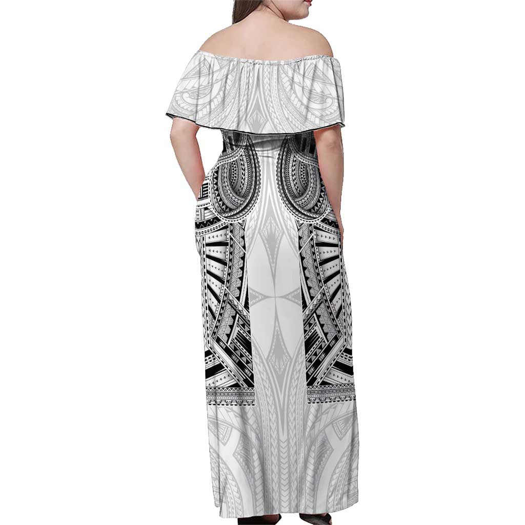 Samoan Traditional Art Tattoos Family Matching Off Shoulder Maxi Dress and Hawaiian Shirt Tatau Tribal Motifs with Ula Nifo White - Polynesian Pride