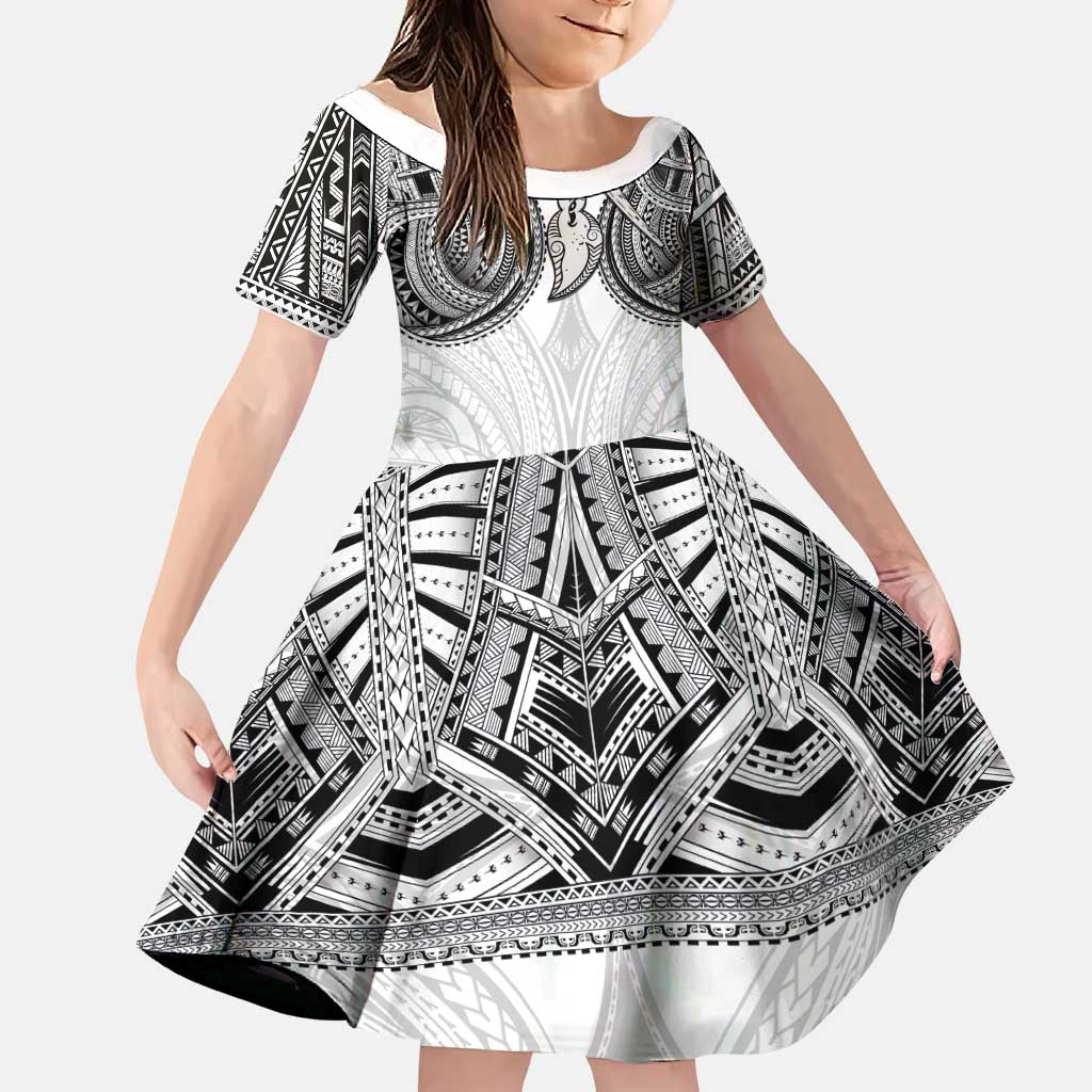 Samoan Traditional Art Tattoos Family Matching Off Shoulder Short Dress and Hawaiian Shirt Tatau Tribal Motifs with Ula Nifo White - Polynesian Pride