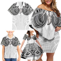 Samoan Traditional Art Tattoos Family Matching Off Shoulder Short Dress and Hawaiian Shirt Tatau Tribal Motifs with Ula Nifo White - Polynesian Pride