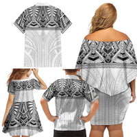 Samoan Traditional Art Tattoos Family Matching Off Shoulder Short Dress and Hawaiian Shirt Tatau Tribal Motifs with Ula Nifo White - Polynesian Pride