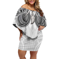 Samoan Traditional Art Tattoos Family Matching Off Shoulder Short Dress and Hawaiian Shirt Tatau Tribal Motifs with Ula Nifo White - Polynesian Pride