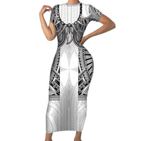 Samoan Traditional Art Tattoos Family Matching Short Sleeve Bodycon Dress and Hawaiian Shirt Tatau Tribal Motifs with Ula Nifo White - Polynesian Pride
