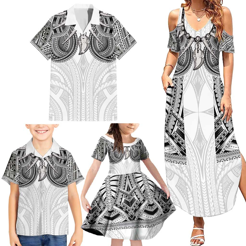 Samoan Traditional Art Tattoos Family Matching Summer Maxi Dress and Hawaiian Shirt Tatau Tribal Motifs with Ula Nifo White - Polynesian Pride