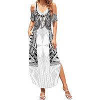 Samoan Traditional Art Tattoos Family Matching Summer Maxi Dress and Hawaiian Shirt Tatau Tribal Motifs with Ula Nifo White - Polynesian Pride
