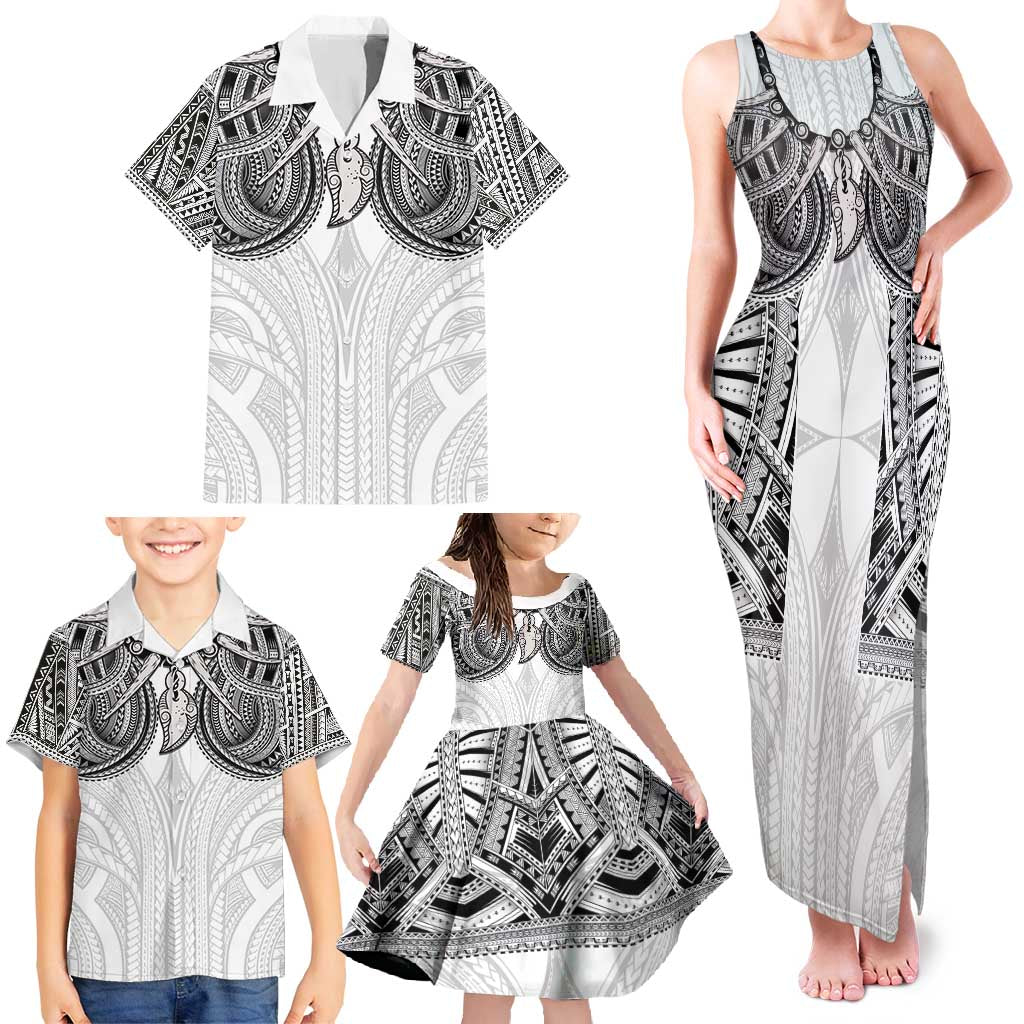 Samoan Traditional Art Tattoos Family Matching Tank Maxi Dress and Hawaiian Shirt Tatau Tribal Motifs with Ula Nifo White - Polynesian Pride