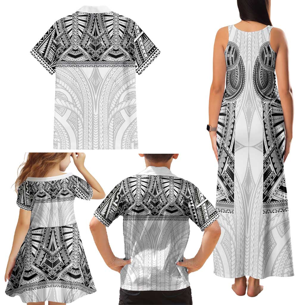 Samoan Traditional Art Tattoos Family Matching Tank Maxi Dress and Hawaiian Shirt Tatau Tribal Motifs with Ula Nifo White - Polynesian Pride