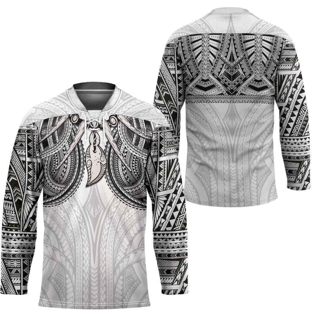 Samoan Traditional Art Tattoos Hockey Jersey Tatau Tribal Motifs with Ula Nifo White - Polynesian Pride
