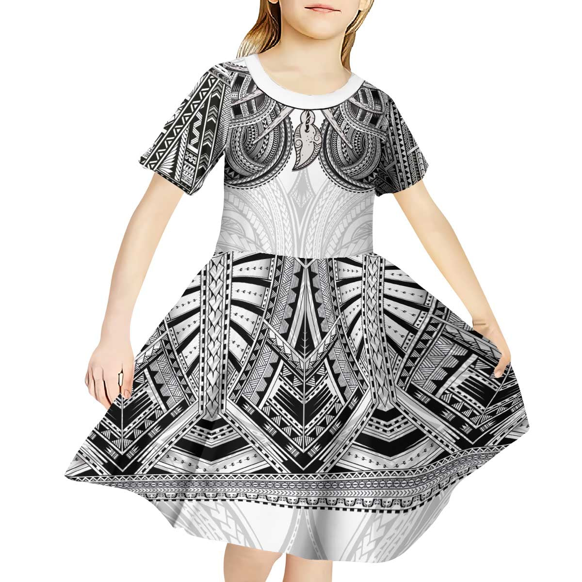 Samoan Traditional Art Tattoos Kid Short Sleeve Dress Tatau Tribal Motifs with Ula Nifo White - Polynesian Pride