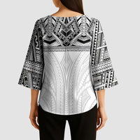 Samoan Traditional Art Tattoos Kimono Sleeve Blouse Tatau Tribal Motifs with Ula Nifo White - Polynesian Pride