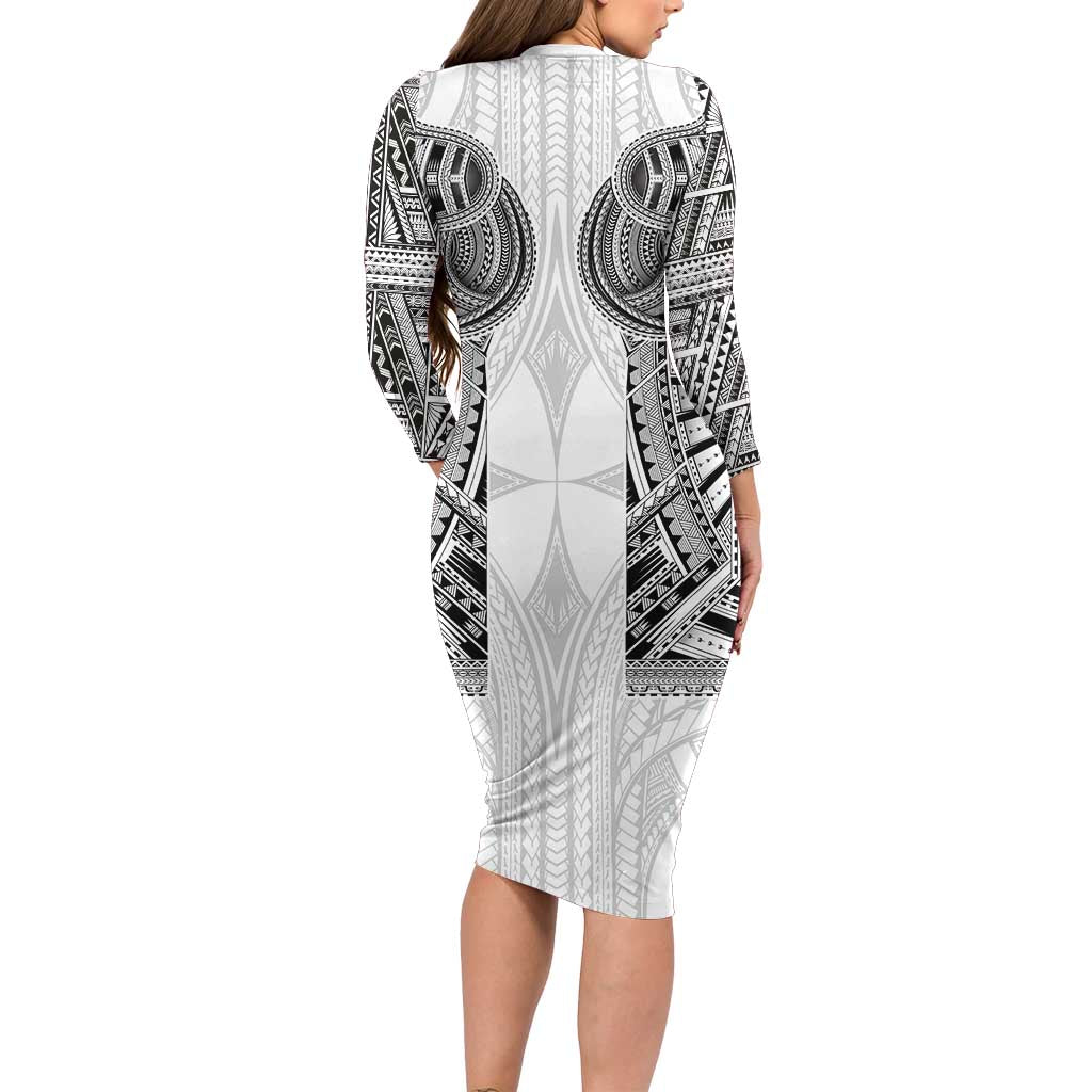 Samoan Traditional Art Tattoos Long Sleeve Bodycon Dress Tatau Tribal Motifs with Ula Nifo White - Polynesian Pride