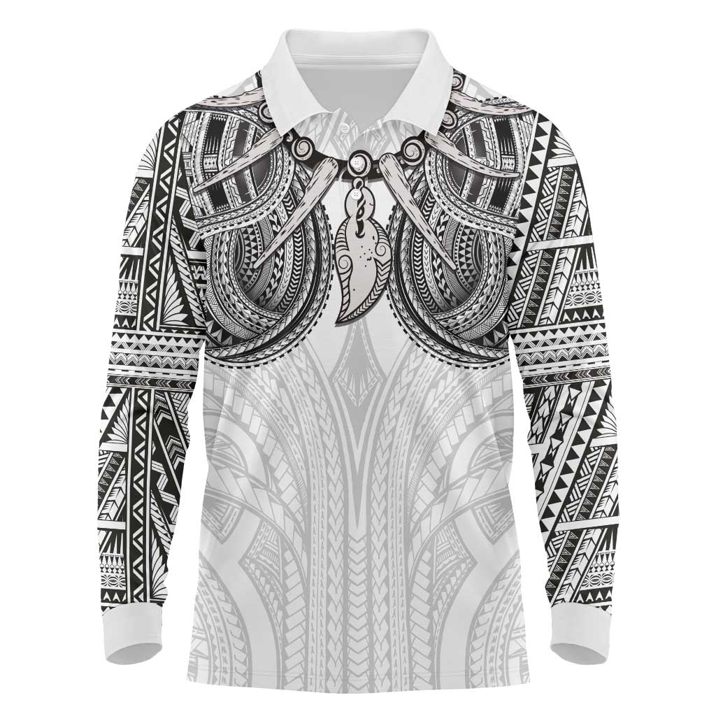 Samoan Traditional Art Tattoos Long Sleeve Polo Shirt Tatau Tribal Motifs with Ula Nifo White - Polynesian Pride