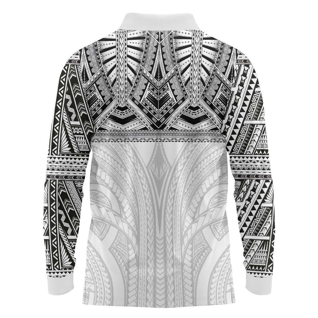 Samoan Traditional Art Tattoos Long Sleeve Polo Shirt Tatau Tribal Motifs with Ula Nifo White - Polynesian Pride